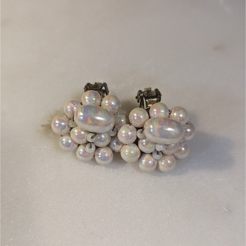 Vintage Iridescent Pearl Cluster Clip-On Earrings 1950s Marked‎ Japan